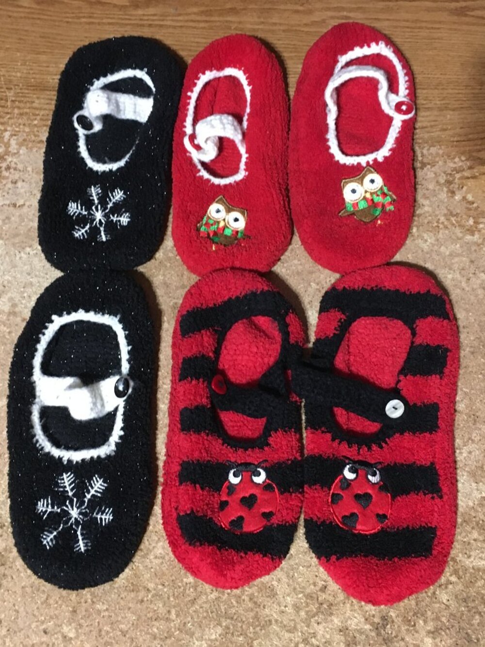 THREE PAIRS OF FUZZY SLIPPER SOCKS CHRISTMAS OWL SNOWFLAKE LADYBUG